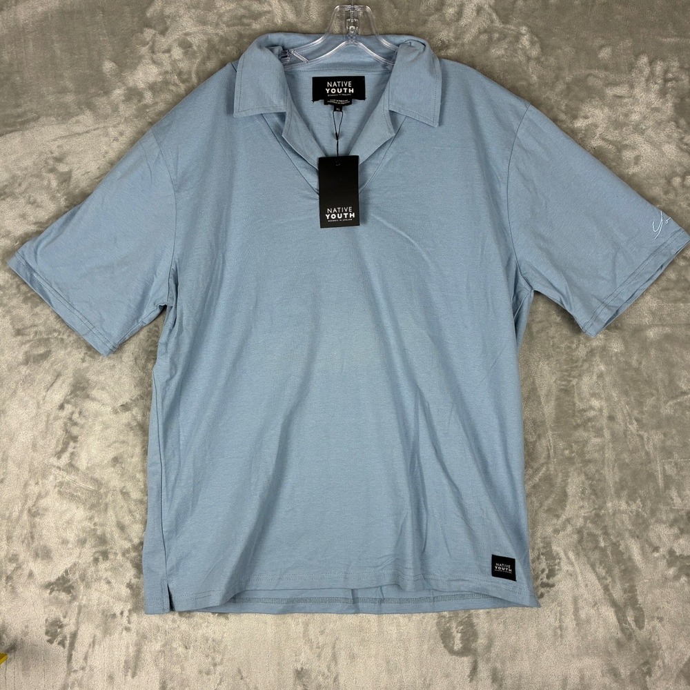 Native Youth Mens XL Light Blue Cotton V-Neck Short Sleeve Polo‎ Shirt NWT